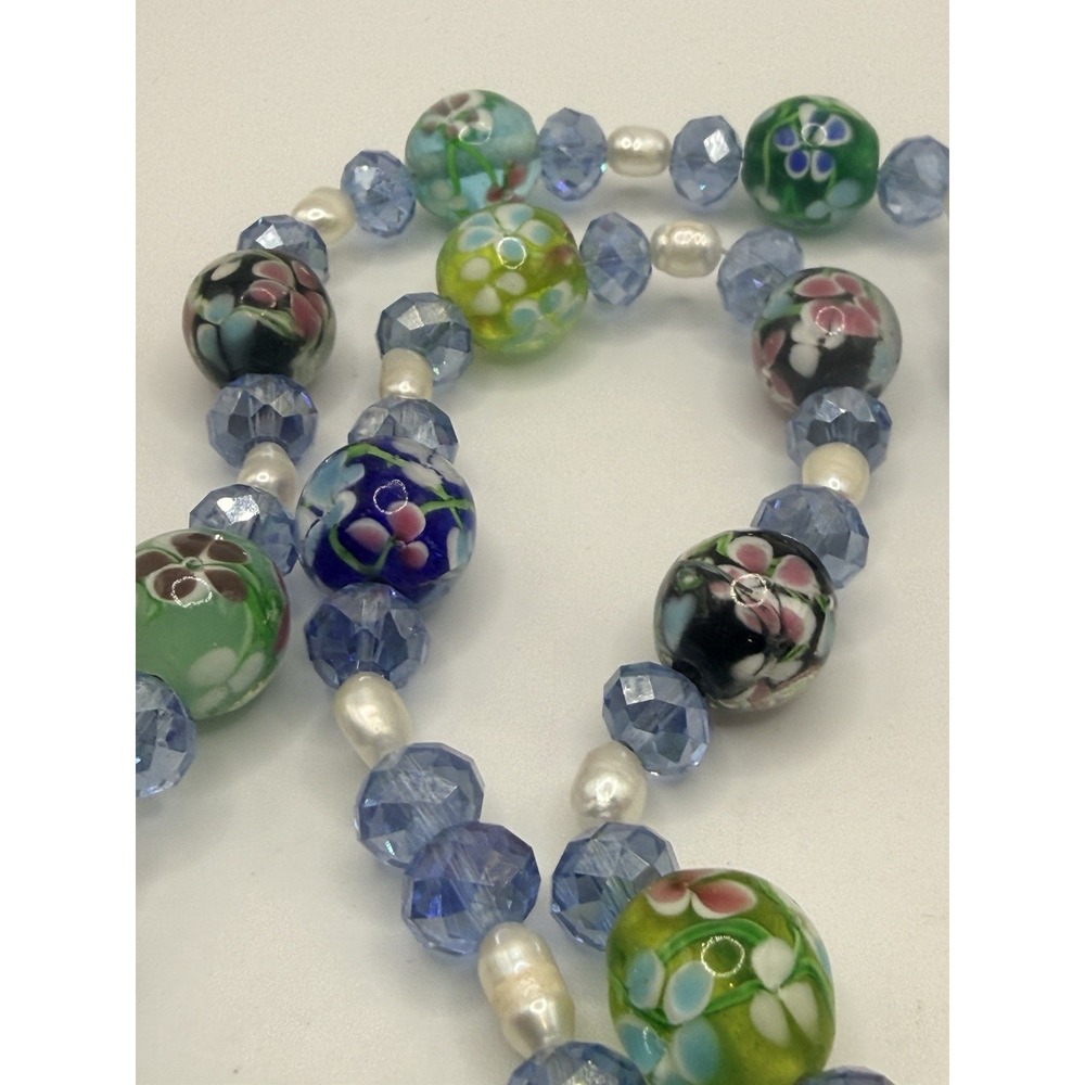 Floral Glass Pearl Beaded Necklace Blue Green Artisan Wedding Cake Style 23" - Picture 3 of 7